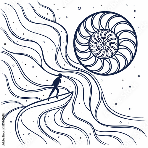 Silhouette of a surfer riding a wave with a nautilus shell design