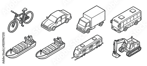 Collection of isometric outlines of various vehicles including bicycle, car, truck, bus, cargo ships, train, and excavator. Isolated illustration for transportation and logistics themes.