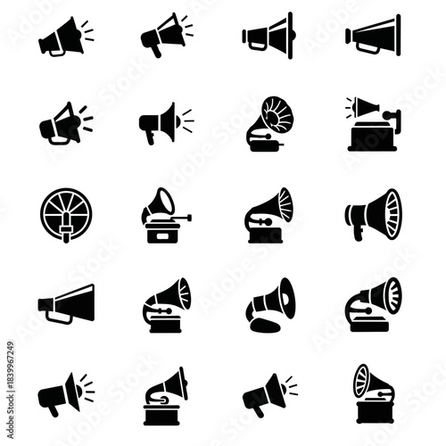 Dynamic set of megaphone and phonograph icons for communication, music promotion, and retro style marketing, perfect for modern designs with a vintage touch