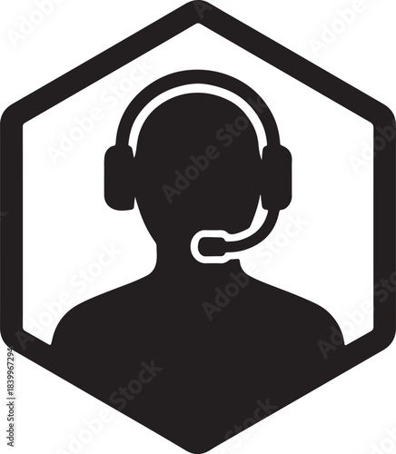 Human figure wearing headset inside hexagonal support frame, rare minimal outline icon design.