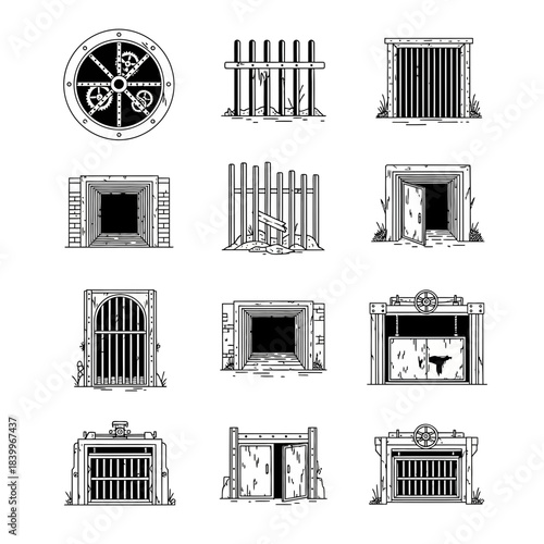 Mysterious entrances and barriers evoke a sense of adventure, inviting exploration and intrigue with vintage doors and gateways presented in clean line art style