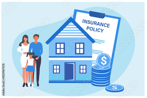 Home insurance, Property security, Financial protection, Real estate insurance policy concept for family vector illustration