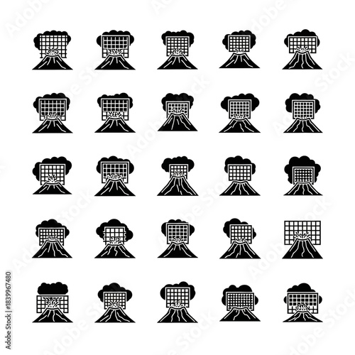 Dynamic volcano eruption icons showcase natural disaster risk, perfect for educational materials, awareness campaigns, and geological studies, originally vector art