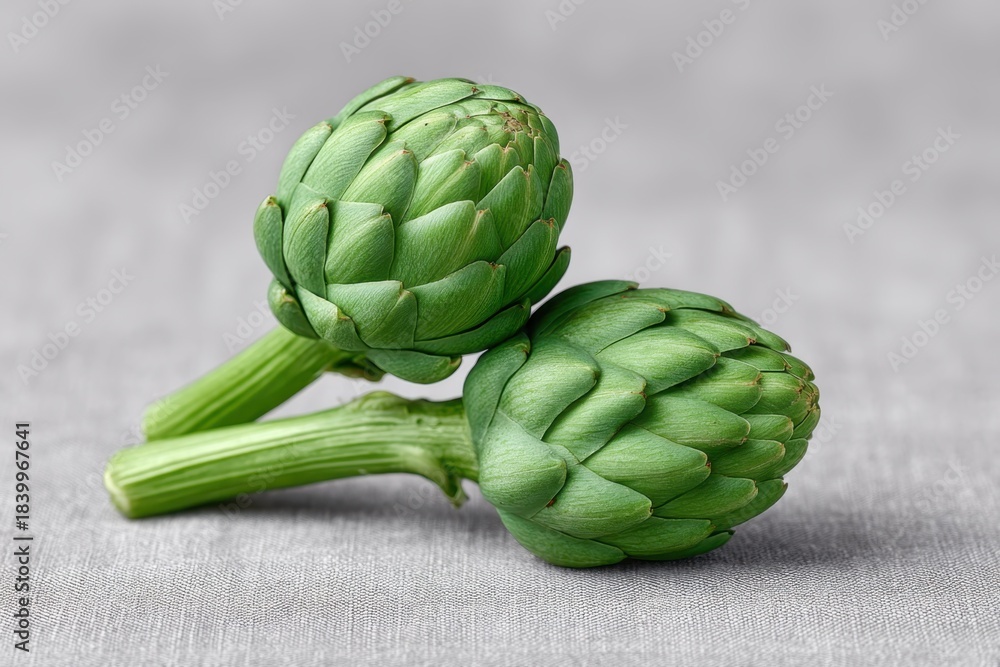 Fototapeta premium Fresh artichokes and asparagus beautifully arranged for a healthy meal presentation in a rustic kitchen setting. Artichoke and Asparagus Month
