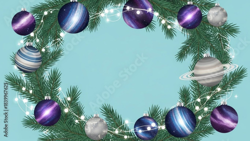 Celestial Wreath: A captivating wreath adorned with galaxy-themed ornaments and twinkling lights against a serene backdrop, creating a festive celestial display.