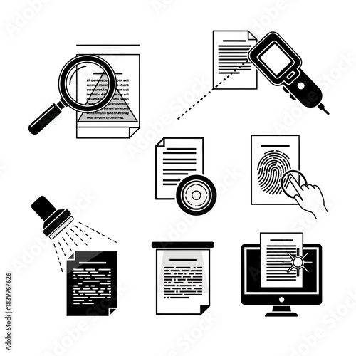 Forensic investigation icon set for crime scene analysis, revealing secrets, and solving mysteries with evidence, fingerprints, and document examination