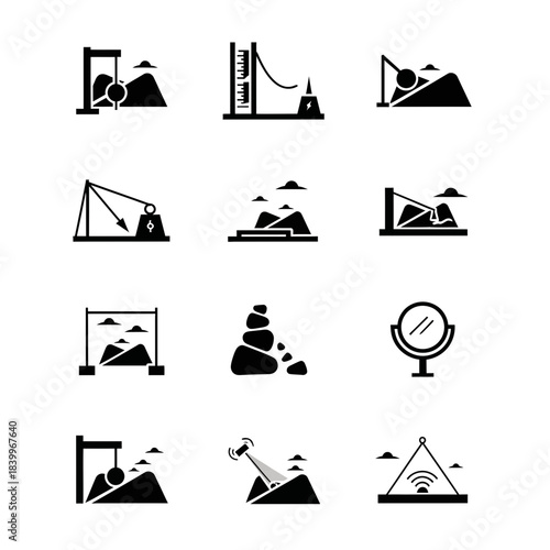 Mystic landscape icons for spiritual journey designs, showcasing nature's balance and human connection with zen stacked stones in minimalist line art style