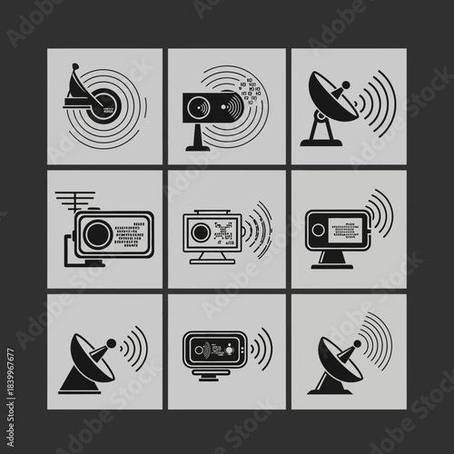 Modern communication icons featuring satellite dishes and digital devices, perfect for technology and network security campaigns, originally designed as vector art