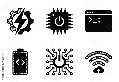 Collection of symbols representing digital systems, hardware, and network capabilities for tech industry