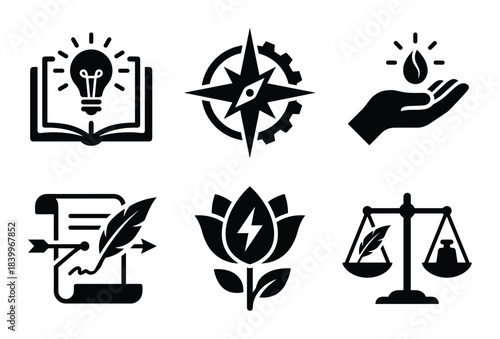 Collection of symbols representing learning, guidance, innovation, and justice, perfect for educational themes