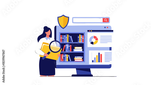Woman With Magnifying Glass Examines Digital Library Display Featuring Books Charts Graphs And A Security Shield On A Computer Screen In A Flat Illustration Style With A Black Background