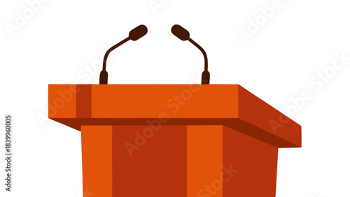 Wooden Lectern With Two Microphones Against A Black Background Ready For A Presentation Or Speech