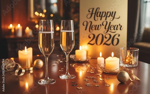 Warm New Year 2026 Celebration Setting With Sparkling Champagne And Candles
