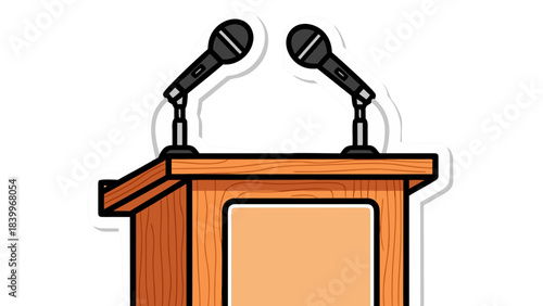 Wooden Podium With Two Microphones On Black Background Simple Illustration