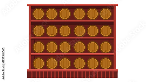 Wooden Wine Barrels Lined Up On Red Shelving Against Dark Background For Storage And Aging Of Alcoholic Beverages With Various Barrel Designs