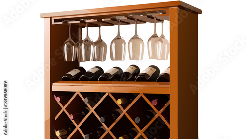 Wooden Wine Cabinet with Hanging Glasses and Bottles Displaying Assorted Wines Collection in a Warm Wood Tone Against a Black Background