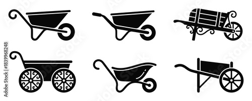 Collection of wheelbarrow icons showcasing different designs, from garden utility to ornamental trolleys.