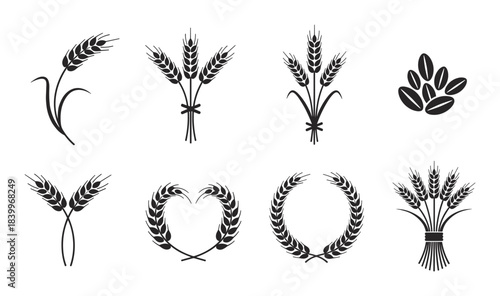 Collection of wheat and grain symbols: single stalks, tied sheaves, a heart-shaped wreath, and coffee beans.