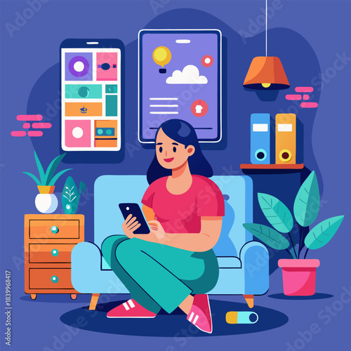 Girl Sitting in Chair with Phone Flat Illustration. Young Woman Holding Smartphone Cartoon Character. Internet Surfing, Social Media Leisure, Recreation. Trendy Lifestyle, Home Rest. Monstera Leaves
