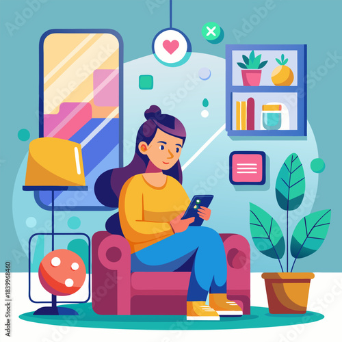Girl Sitting in Chair with Phone Flat Illustration. Young Woman Holding Smartphone Cartoon Character. Internet Surfing, Social Media Leisure, Recreation. Trendy Lifestyle, Home Rest. Monstera Leaves

