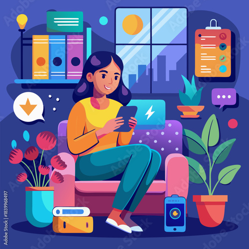 Girl Sitting in Chair with Phone Flat Illustration. Young Woman Holding Smartphone Cartoon Character. Internet Surfing, Social Media Leisure, Recreation. Trendy Lifestyle, Home Rest. Monstera Leaves
