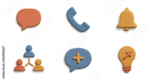 Clay icons representing communication and productivity concepts