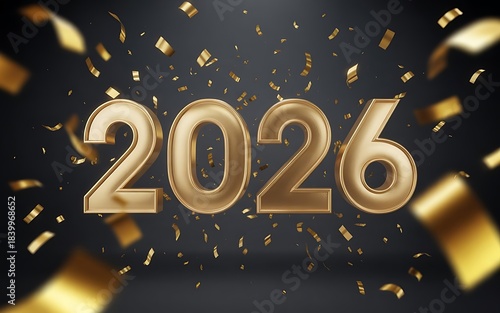 Festive Gold 2026 Celebration With Sparkling Numbers And Falling Confetti On Dark Background