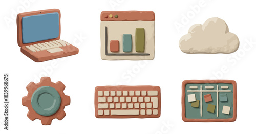 Clay rendered technology icons set digital communication elements