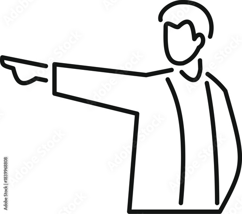 Man in line art style pointing finger, indicating direction, blame, or accusation