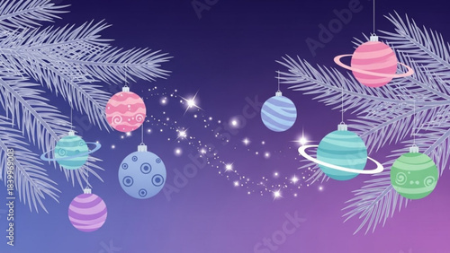 Celestial Ornaments: Festive cosmic ornaments grace evergreen branches in a starlit scene, offering a whimsical twist to holiday decor, capturing a unique blend of celestial wonder.