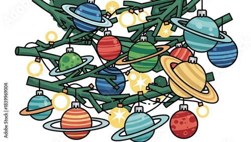 Cosmic Christmas: A whimsical depiction of a festive holiday tree adorned with planet-themed ornaments, twinkling lights, celebrating the wonder of space, Christmas.