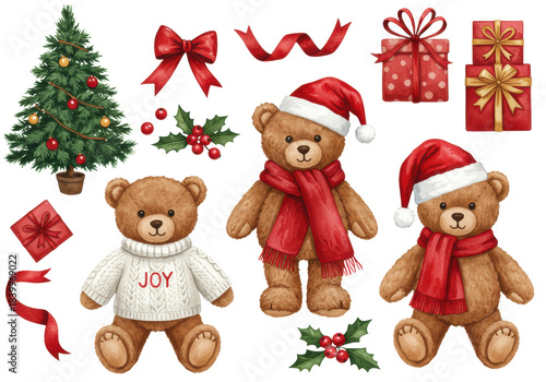 Detailed digital watercolor flat lay of three plush teddy bears (wearing a 'joy' sweater, scarf, and santa hat) arranged with christmas tree, gifts, and holly on a transparent background. concept of a