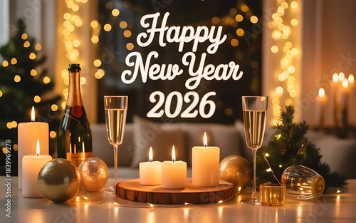 Charming New Year 2026 Party Scene With Candles Champagne And Warm Festive Lights