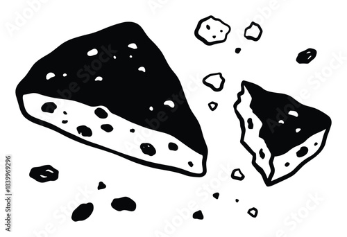 Crumbly cheese wedge with scattered pieces. Dairy product illustration. Black and white vector.