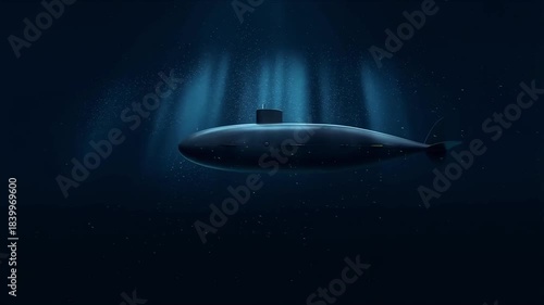 Realistic Submarine Cruising Through Deep Dark Ocean Underwater with Cinematic Blue Light Rays from Surface and Rising Bubbles - High Quality 3D Animation