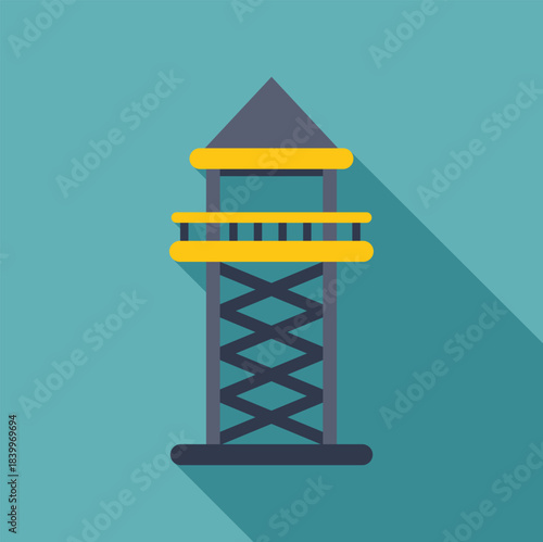 Observation tower with a yellow balustrade and peaked roof, casting a long shadow