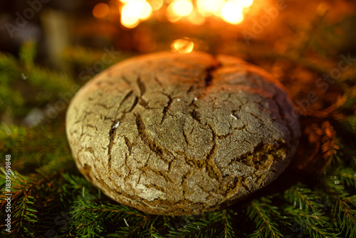 Homemade round bread against the backdrop of a bonfire