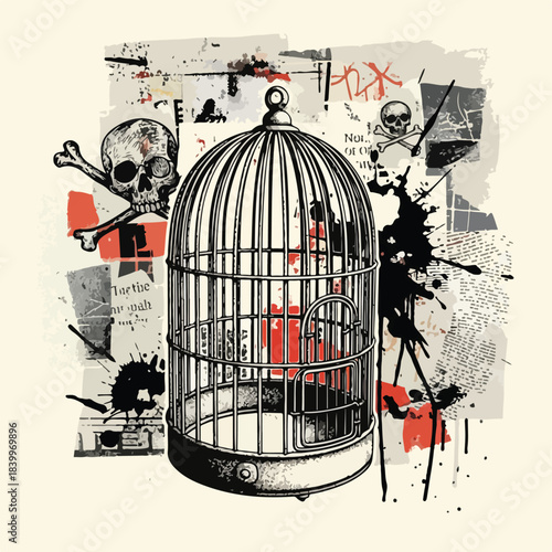 Illustration of a birdcage with graffiti and skulls in the background, conveying a dark and edgy mood with bold black, red, and grey colors.