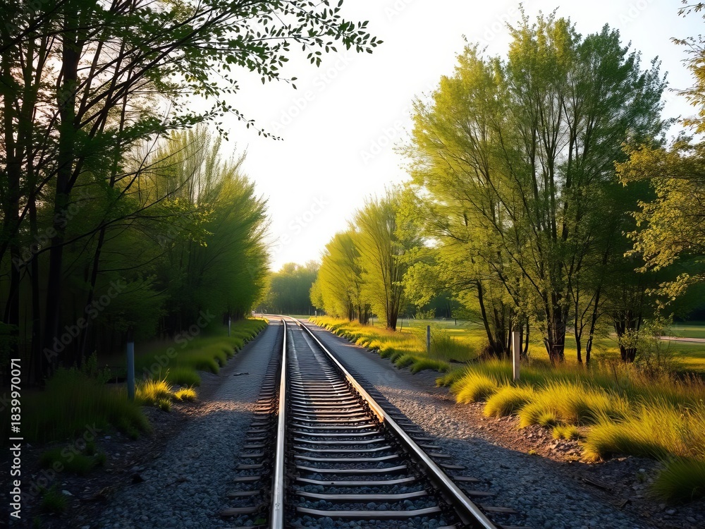 Fototapeta premium Serene walk beside tracks, quiet nature, peaceful solitude, linear, environment