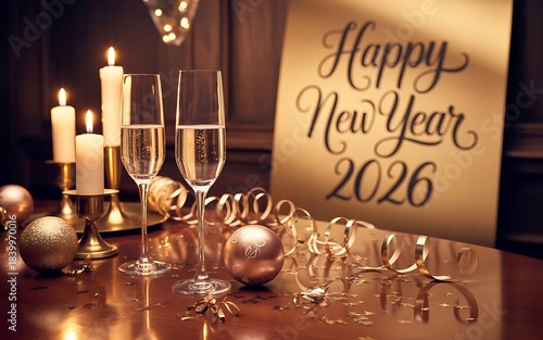 Charming Holiday Interior For New Year 2026 With Candles Champagne And Golden Ornaments