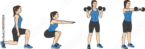 Illustration of a woman performing lunges, squats, and dumbbell exercises, representing strength training, fitness routines, and home workout movements in a modern vector style