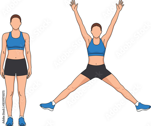 Illustration of a woman performing a jumping jack exercise, showing starting and jumping positions, ideal for fitness routines, workouts, cardio training, and health-related vector graphics