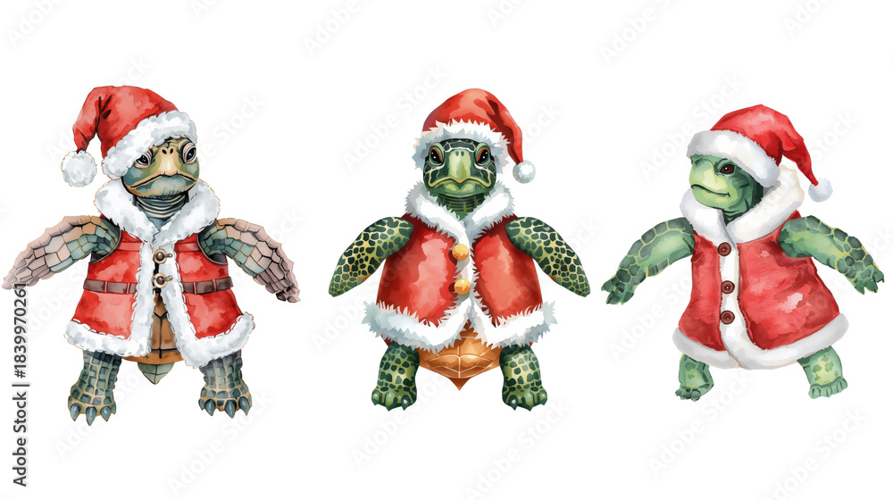 Fototapeta premium Festive collection of christmas turtles in santa costumes whimsical illustration cheerful holiday atmosphere colorful background