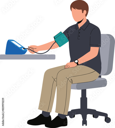 Illustration of a man measuring his blood pressure with an automatic monitor while seated, representing health checkups, medical assessment, and wellness monitoring in vector style