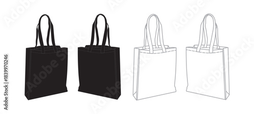 Tote Bag Mock up. Tote bag front, side and perspective view, cad fashion sketch, technical flat design,