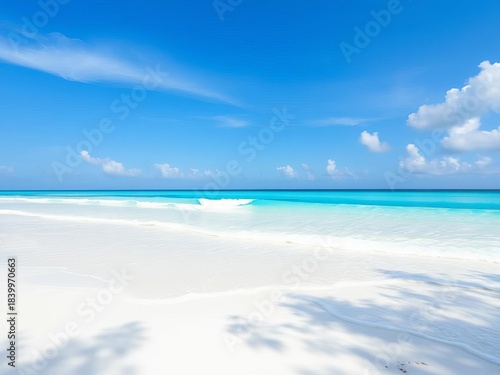 Fototapeta Naklejka Na Ścianę i Meble -  Pristine white sand beach, turquoise waves gently roll under a blue sky with fluffy clouds, Maldivian paradise,  azure,  clouds