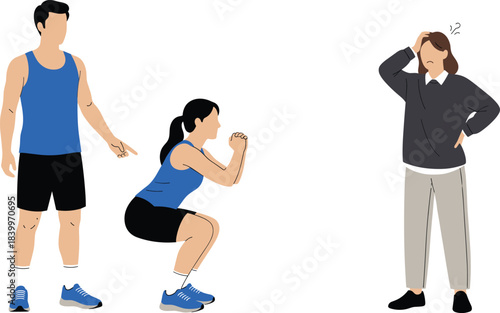Illustration of a woman doing squats with a trainer observing, alongside a frustrated woman holding her head, representing fitness training and emotional stress in vector style