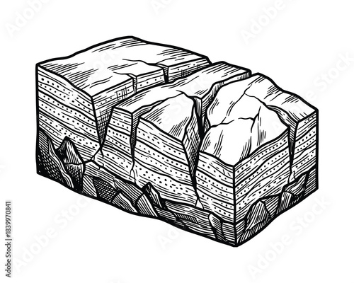 Detailed illustration of rock strata with visible fault lines, ancient earth layers