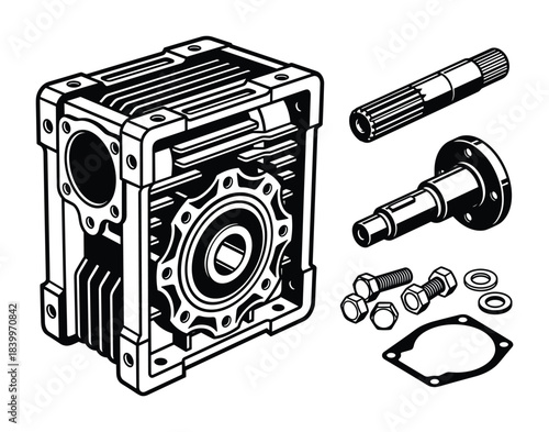 Detailed gearbox casing with bearings, shafts, bolts, washers, nuts, and gasket mechanical assembly