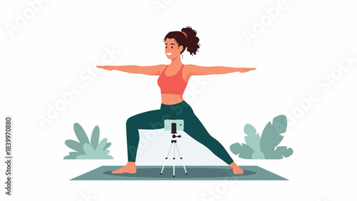 A woman practices yoga with a dog on a mat against a white background with green plants.